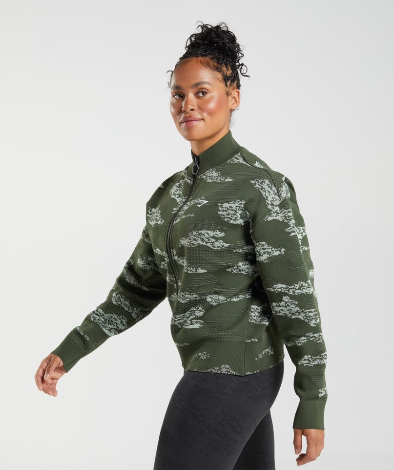 Women's Gymshark Adapt Camo Seamless Track Jackets Dark Green | CA D108NA